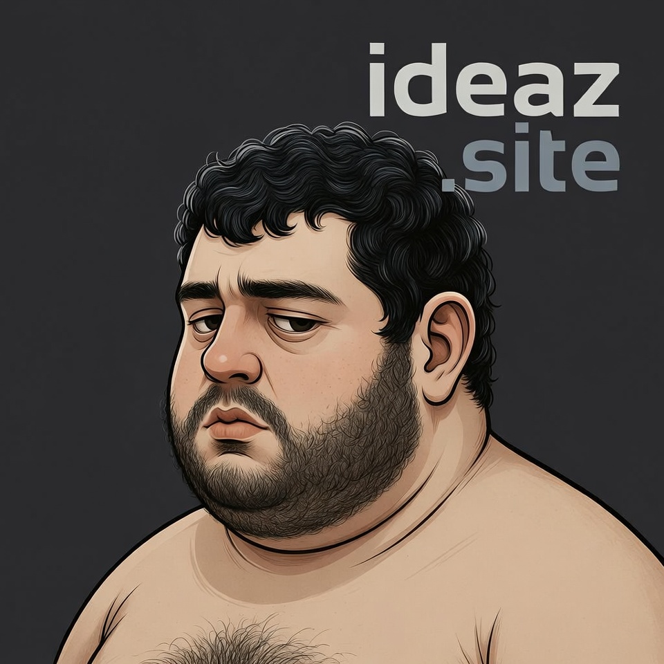 A very tired cartoon man next to the words ideaz.site, visibly out of ideas